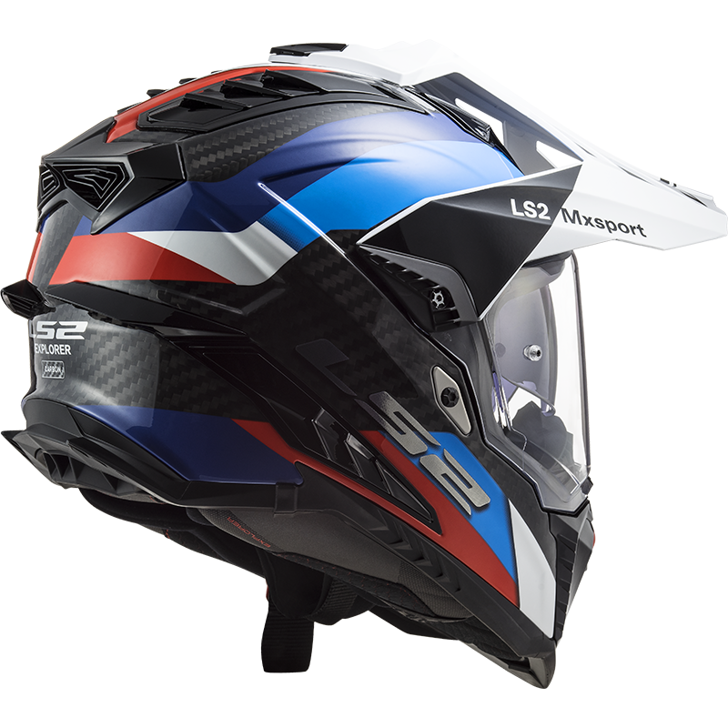 Motorcycle full face ADV helmet carbon fiber black gloss with red white blue geometric design