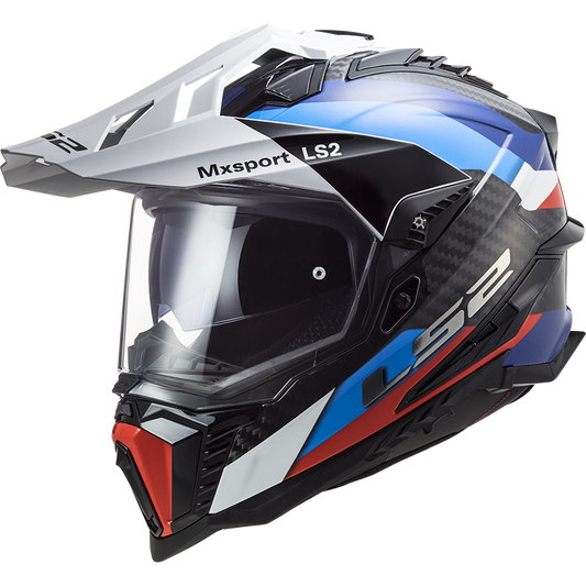 Motorcycle full face ADV helmet carbon fiber black gloss with red white blue geometric design