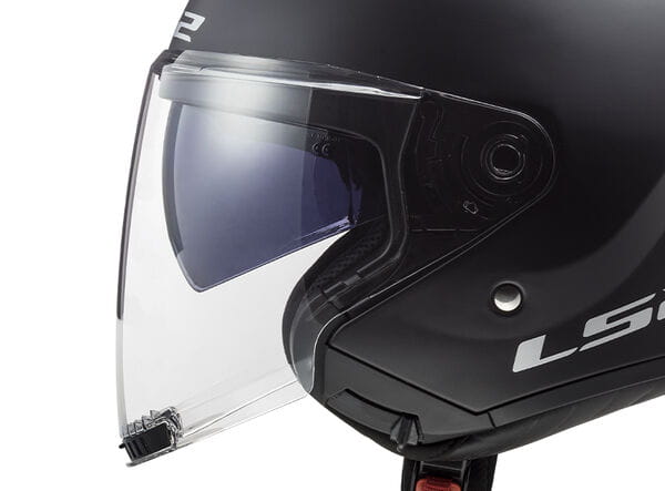 Motorcycle half face matt black helmet with drop down sun visor