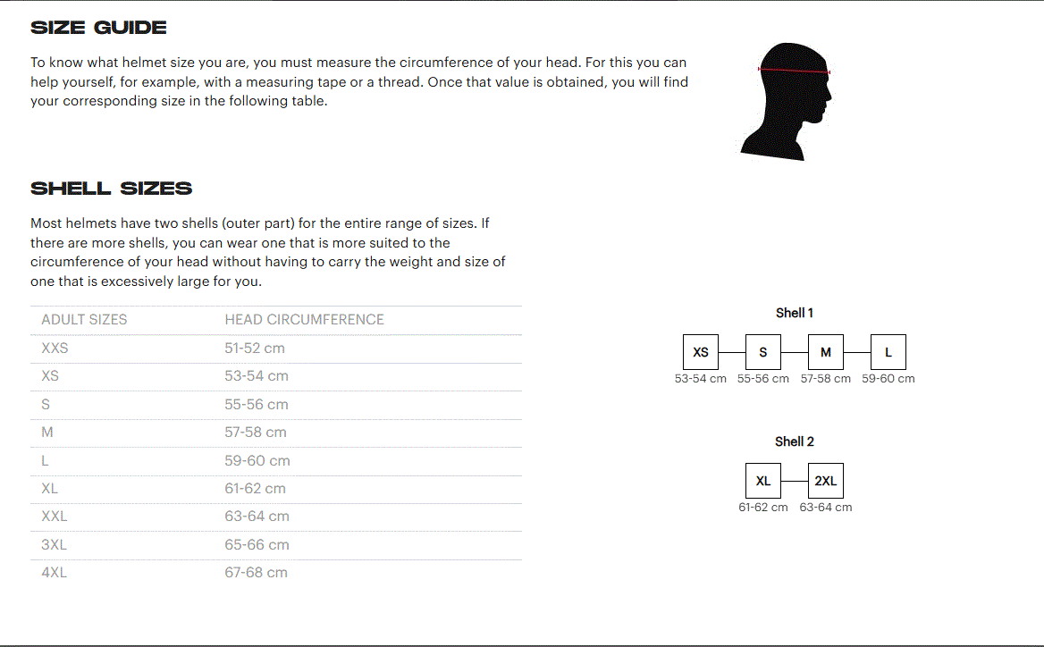 LS2 helmet Size chart