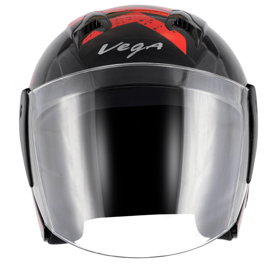 scooter/motorcycle open face helmet black with red text graphics
