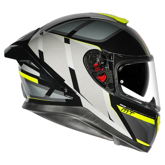 Motorcycle full face helmet grey black light green geometric design