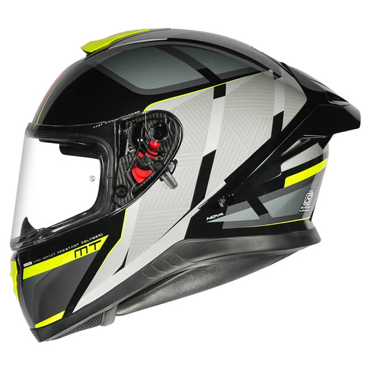 Motorcycle full face helmet grey black light green geometric design