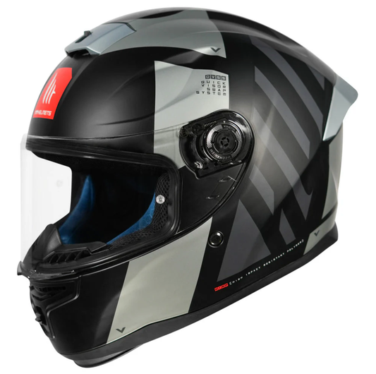 Motorcycle full face helmet black with grey text graphic
