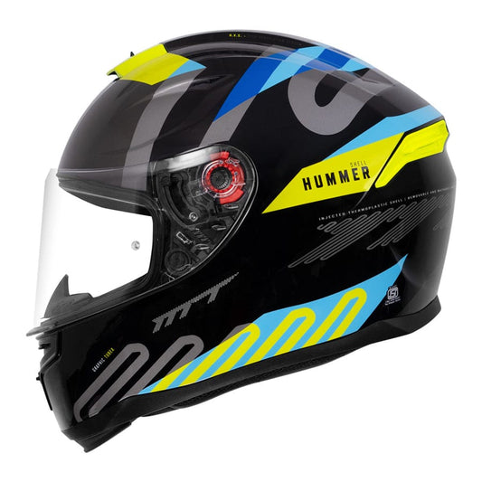 Motorcycle full face helmet black with light green and blue tube graphic