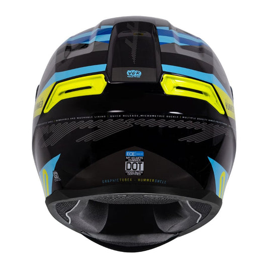Motorcycle full face helmet black with light green and blue tube graphic