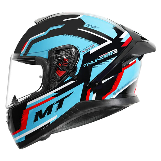 Motorcycle full face helmet blue with black and red stripe geometric graphic