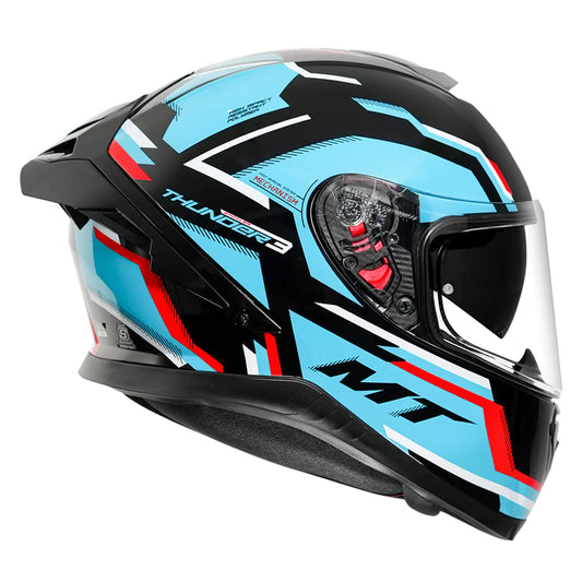Motorcycle full face helmet blue with black and red stripe geometric graphic