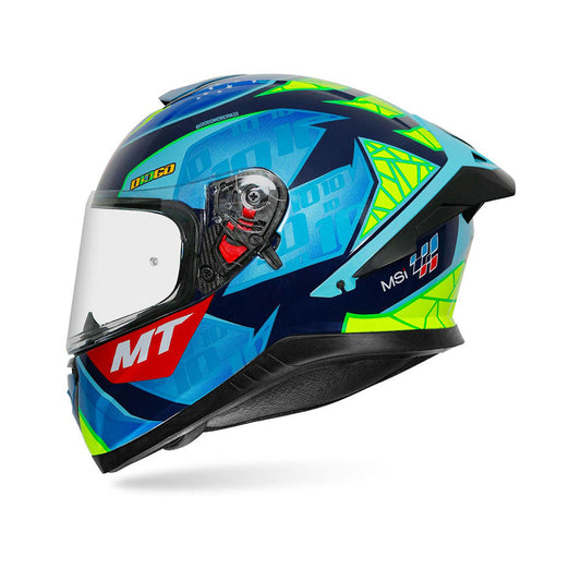 Motorcycle full face helmet light blue neon green geometric graphic