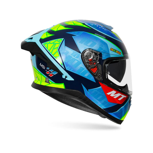 Motorcycle full face helmet light blue neon green geometric graphic