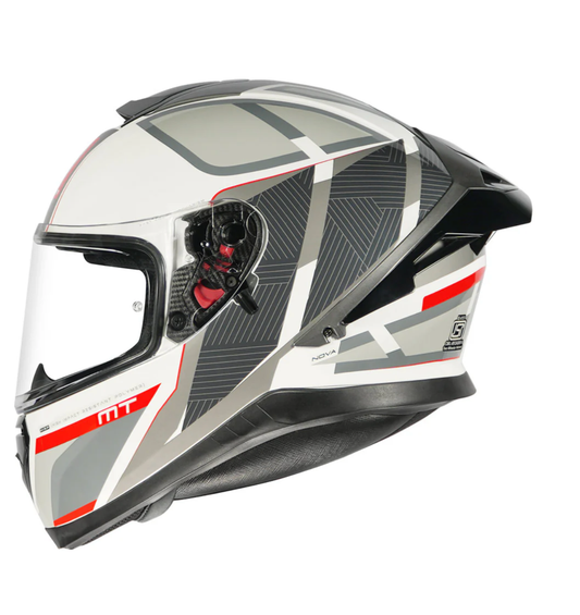 Motorcycle full face helmet white grey with red pattern graphic