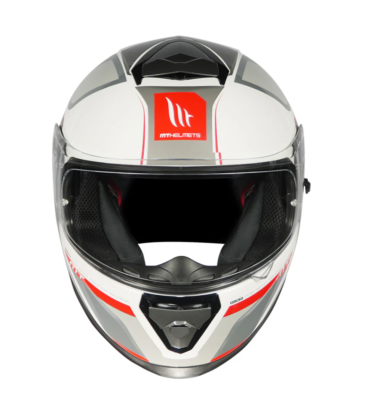 Motorcycle full face helmet white grey with red pattern graphic