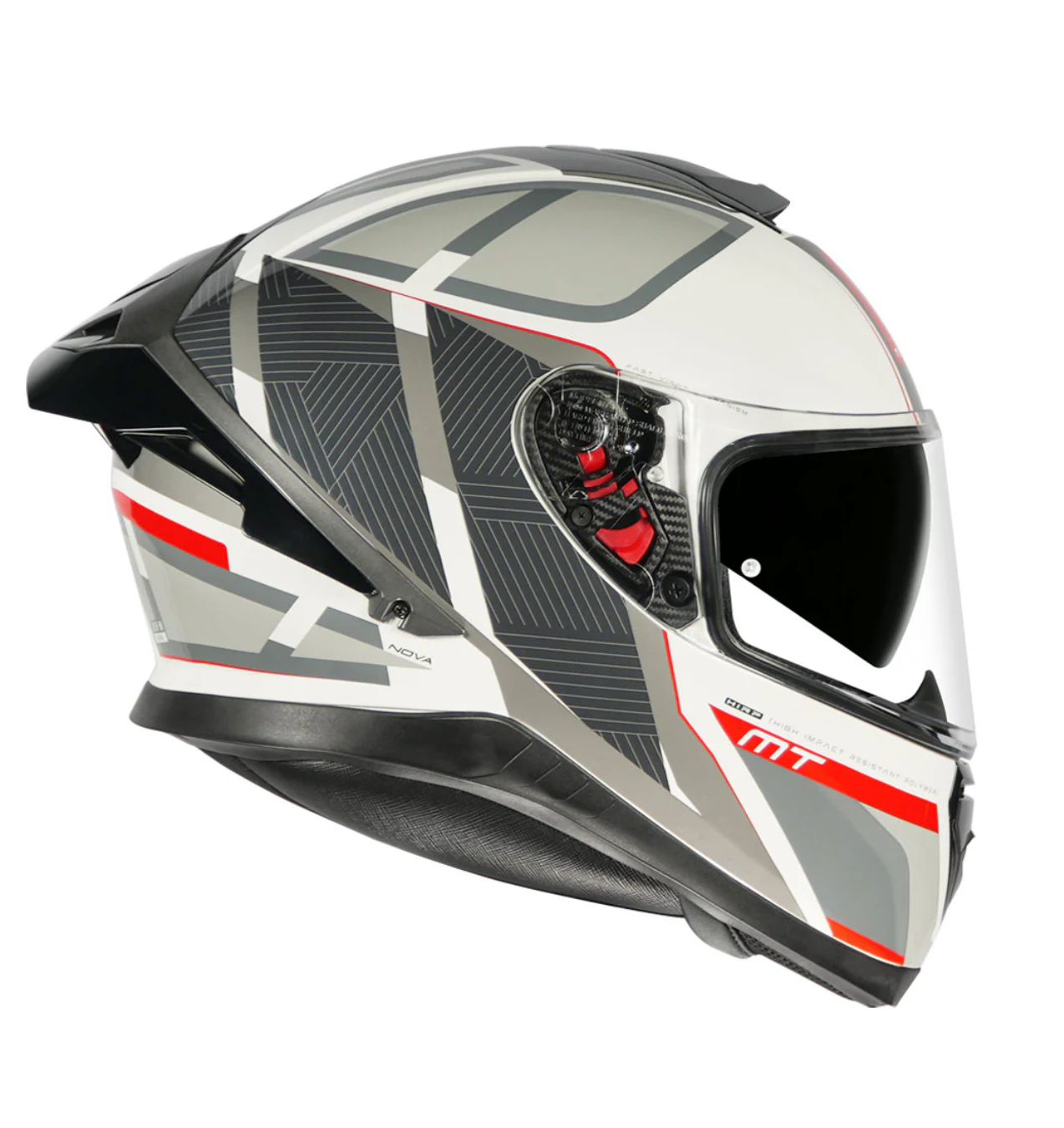 Motorcycle full face helmet white grey with red pattern graphic