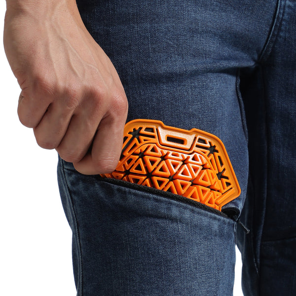 Motorcycle riding denim blue with armours D3O,cordura,temp. regulated knee armour opening