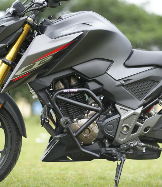 Motorcycle crash guard black for honda cb300f mounyed view