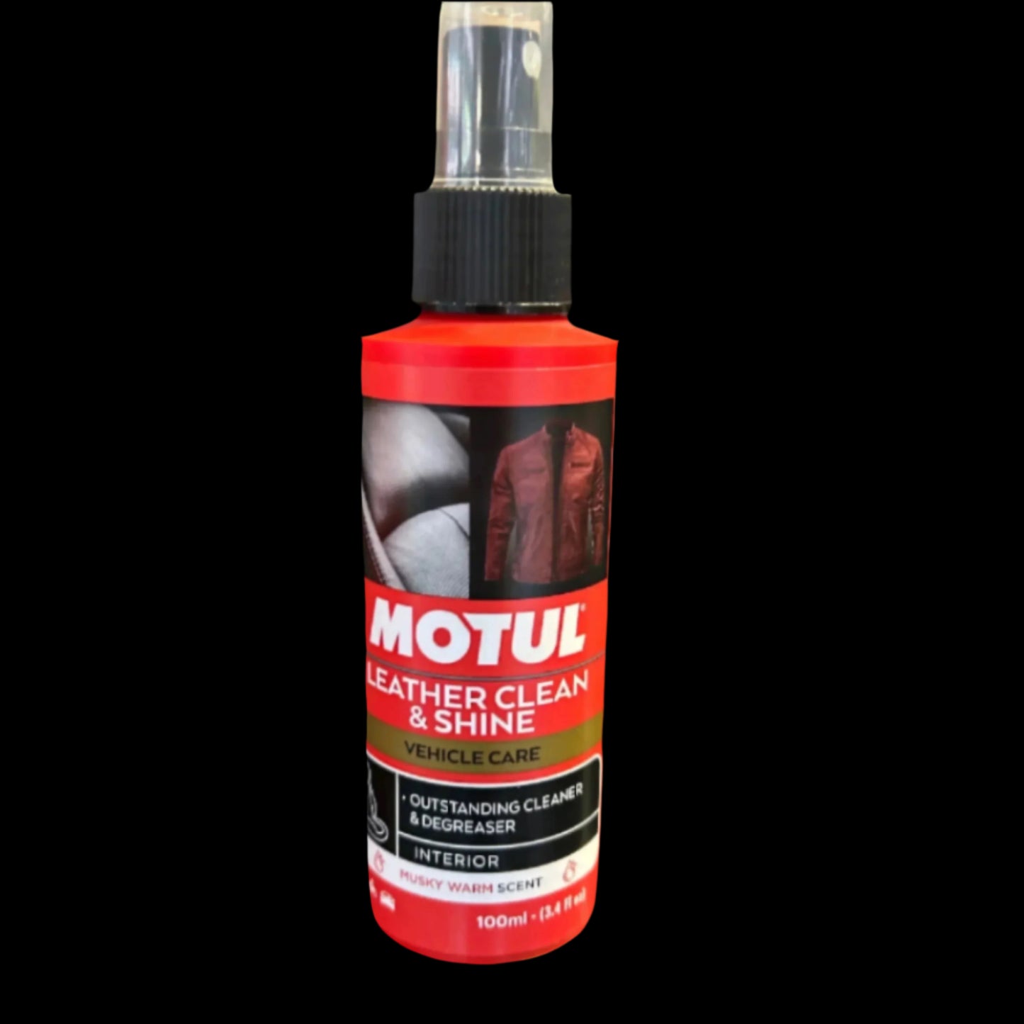 Leather cleaning and shine spray for riding gears and other leather products