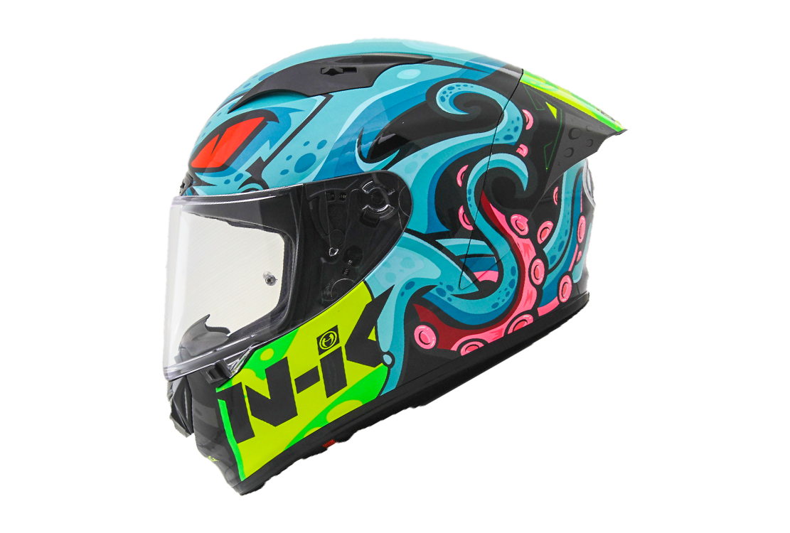 Motorcycle full face helmet octopus light blue graphic with red eye and pink tails