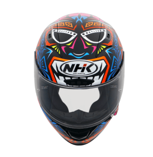 Motorcycle helmet by NHK Remy graphic in back with colourful leaf and flowers outline graphic