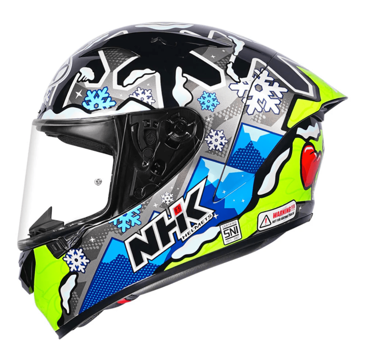 Motorcycle NHK helmet black blue with snow globe and flakes graphics