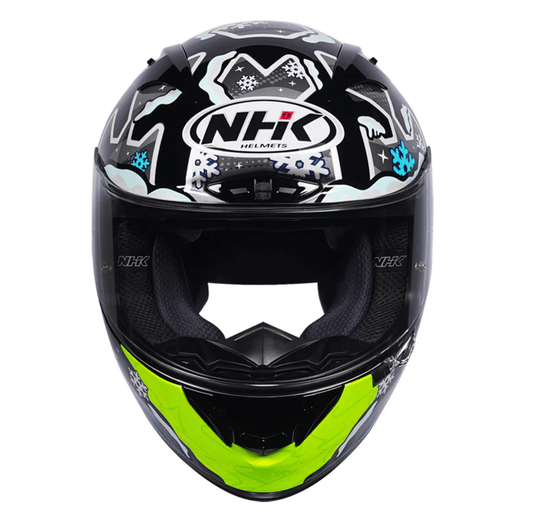 Motorcycle NHK helmet black blue with snow globe and flakes graphics