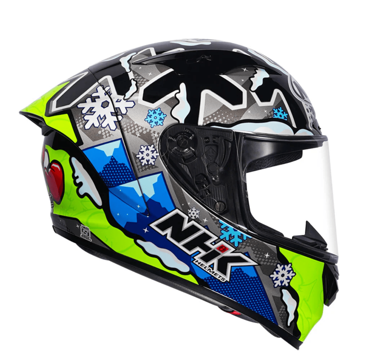 Motorcycle NHK helmet black blue with snow globe and flakes graphics