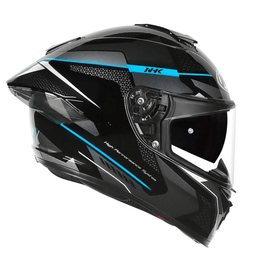 Motorcycle full face helmet shades of black and dark grey with blue geometric design