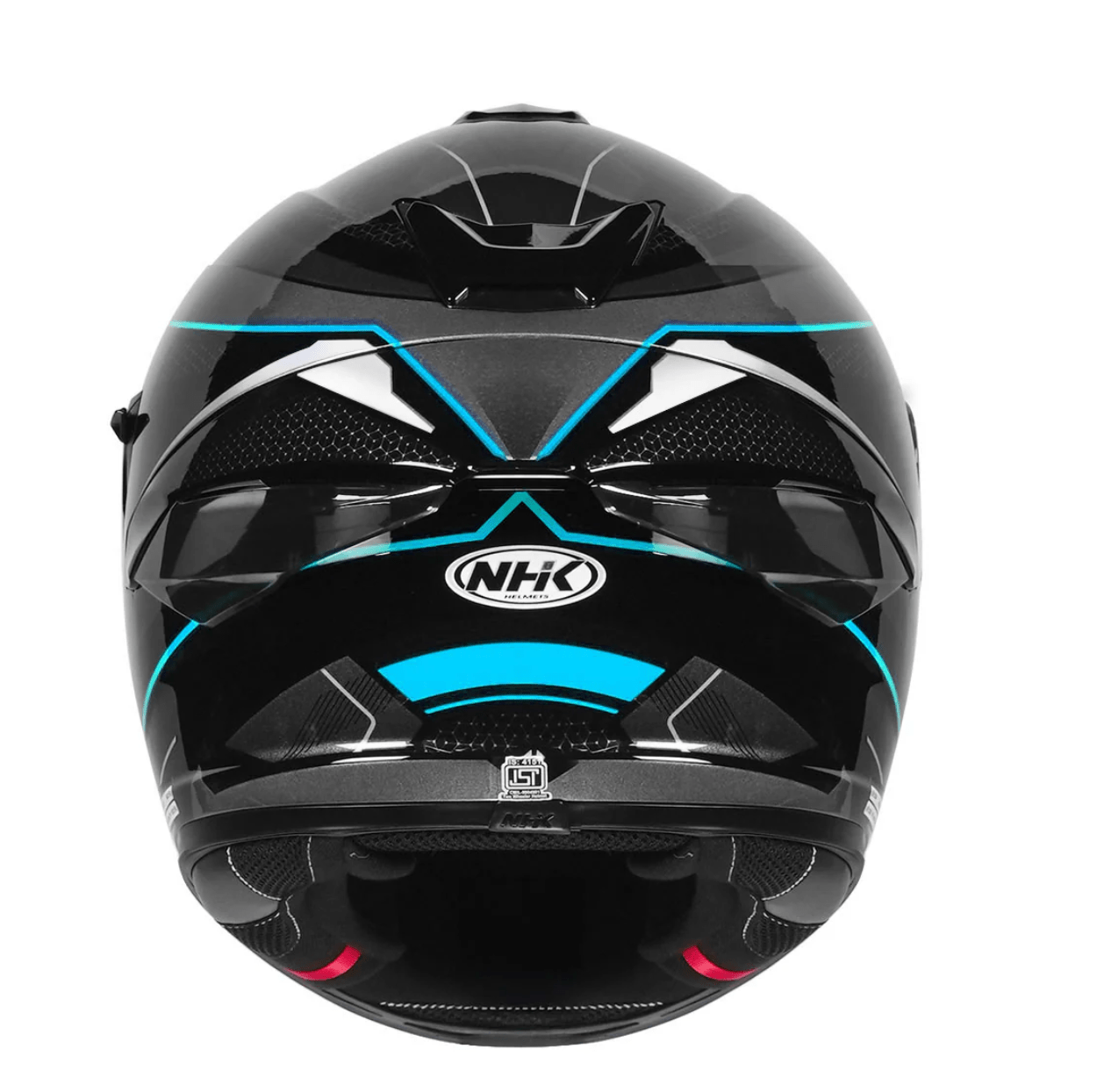 Motorcycle full face helmet shades of black and dark grey with blue geometric design