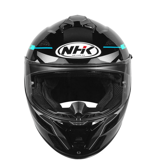 Motorcycle full face helmet shades of black and dark grey with blue geometric design