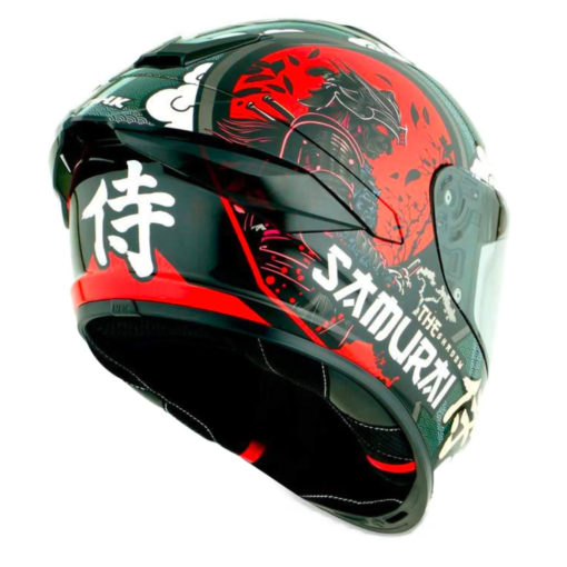 Motorcycle full face samurai image graphic with japanese texts graphic helmet black with red added white texts