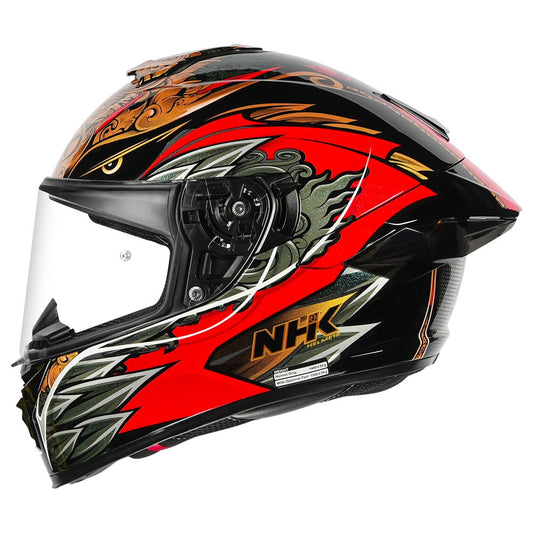 Motorcycle sport touring helmet black red glossy balinese garuda decal on top