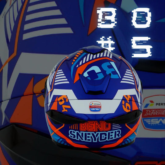 Motorcycle full face helmet blue with orange and white geometric graphic