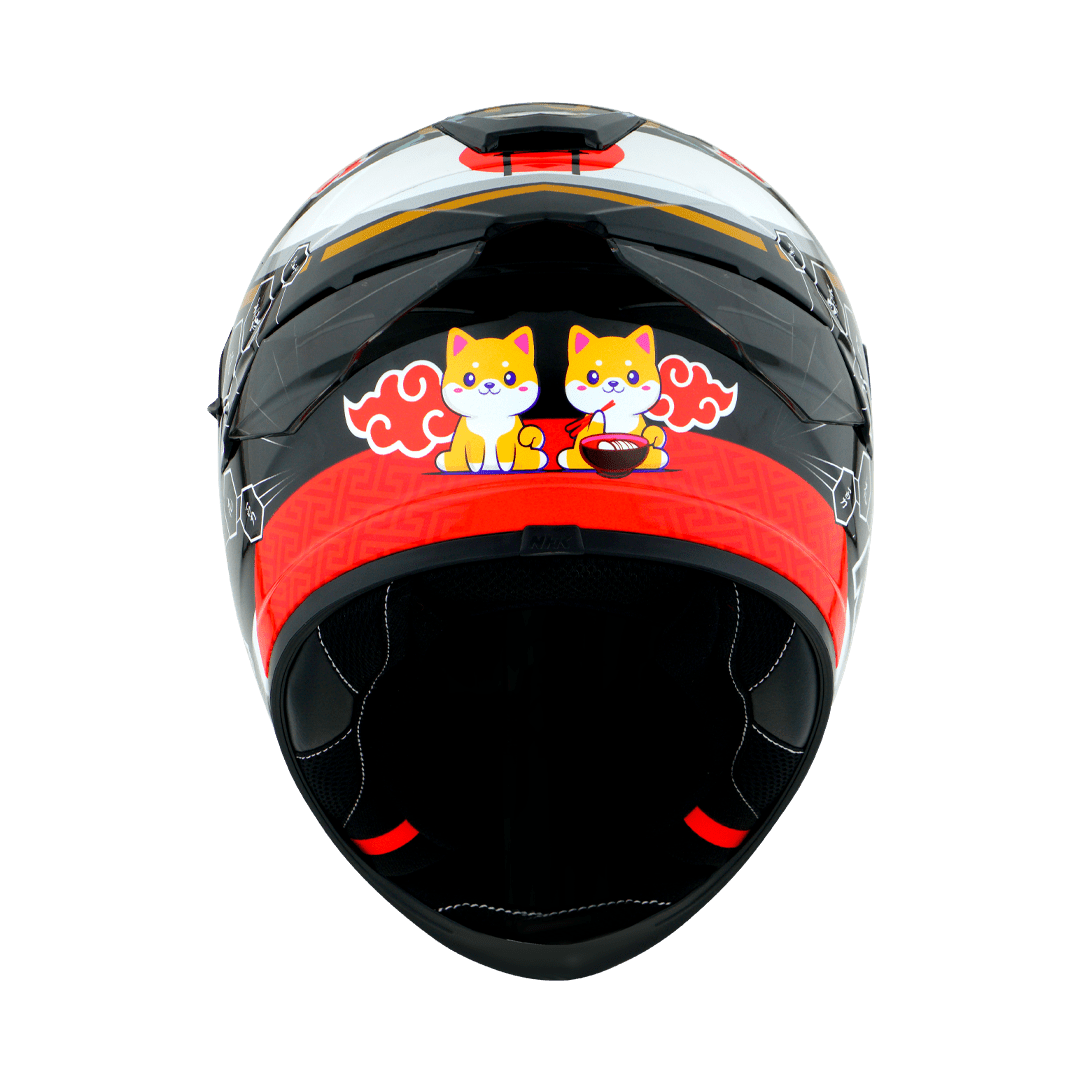 Motorcycle full face helmet cats eating and related graphics red with black with added white