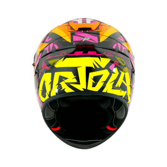 Motorcycle NHK orange and pink with yellow text helmet