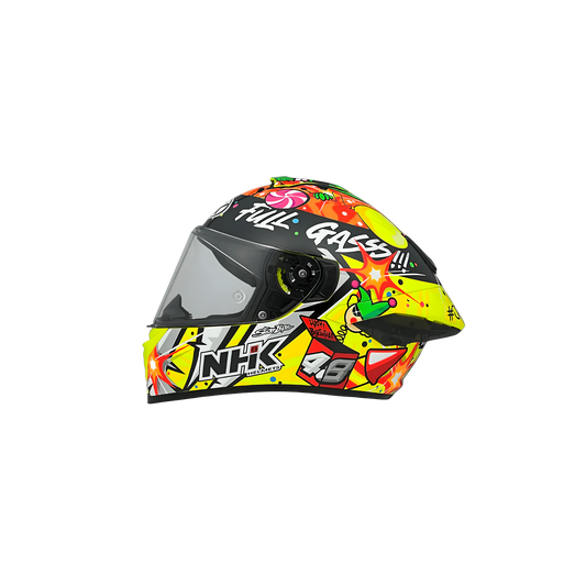 Motorcycle full face helmet yellow with multi-fun decal, boom, candy,etc...