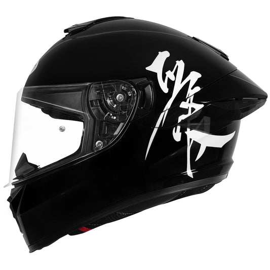 motorcycle full face helmet glossy black with white japanese words written on right side - dual visor / racing