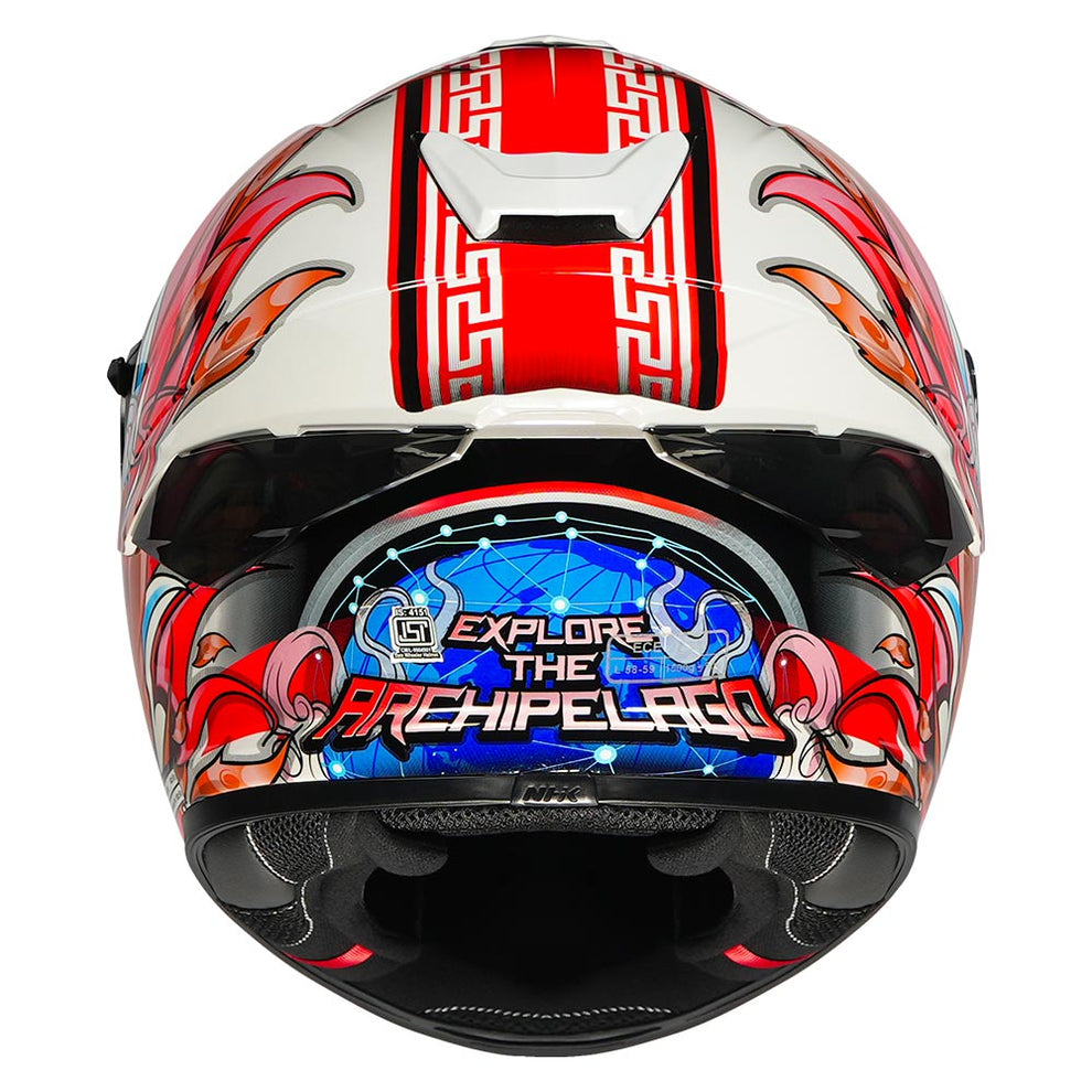 Motorcycle full face helmet glossy white with "explore the archipelago" STR decal