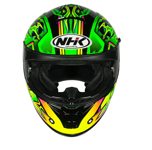 motorcycle full face helmet green fire graphic with purple and green shades