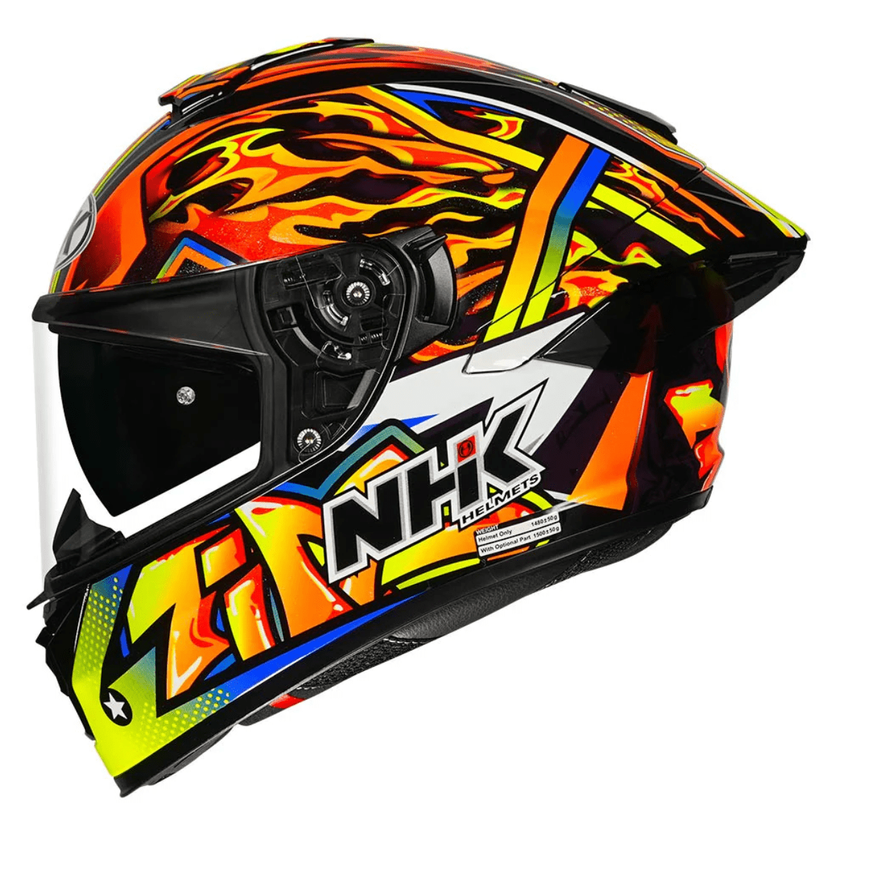 motorcycle full face helmet red fire graphic with blue and green shades