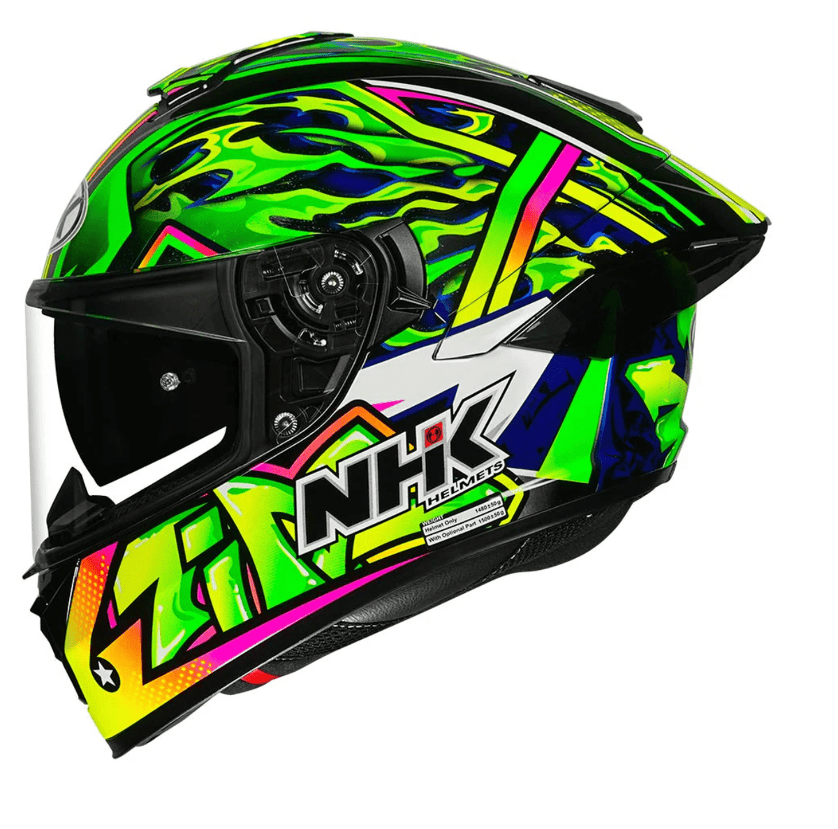 motorcycle full face helmet green fire graphic with purple and green shades