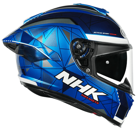 Motorcycle bllue with dark blue geometric graphic helmet by NHK