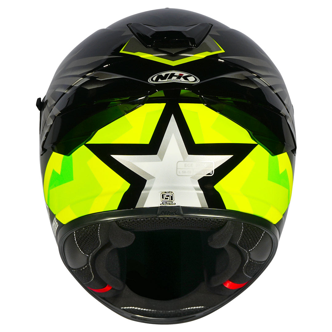 Motorcycle full face helmet glossy black neon yellow wing graphic - dual visor