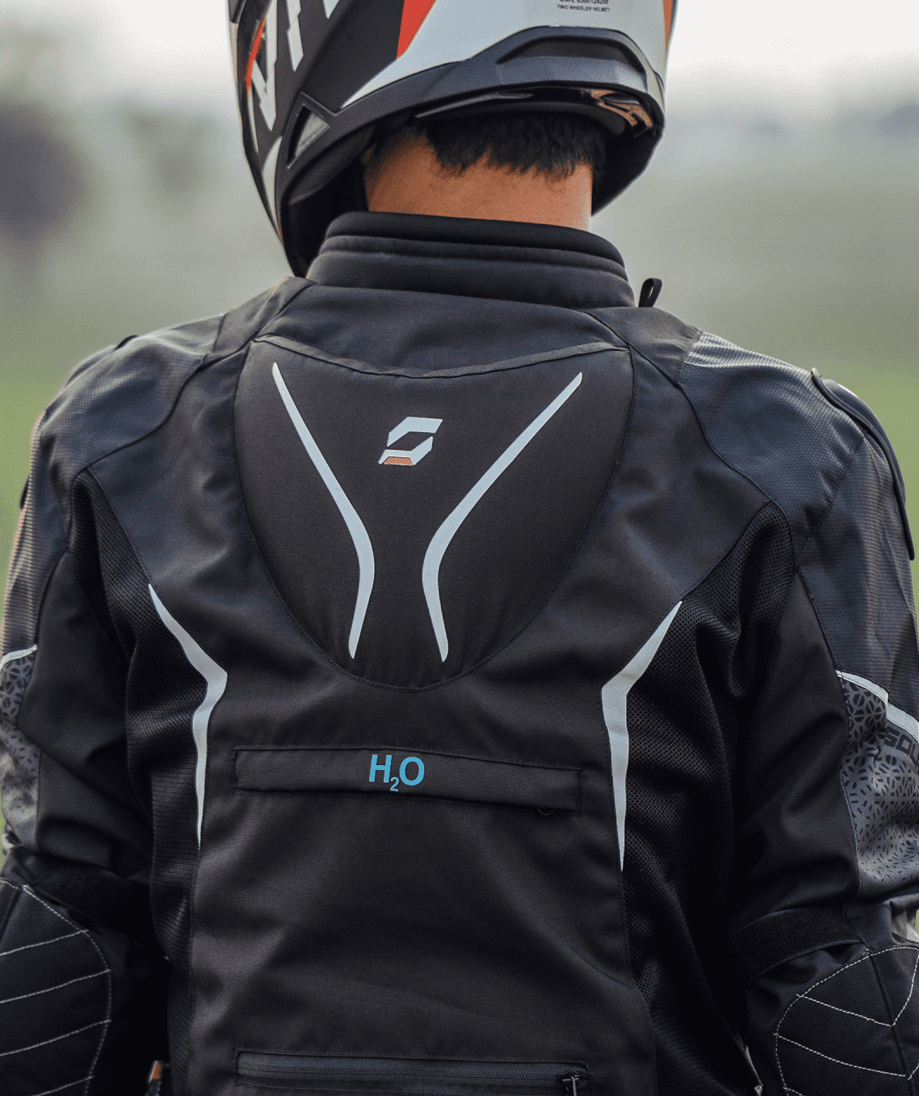 Motorcycle riding jacket armoured with H2O pocket and shoulder slider black with grey