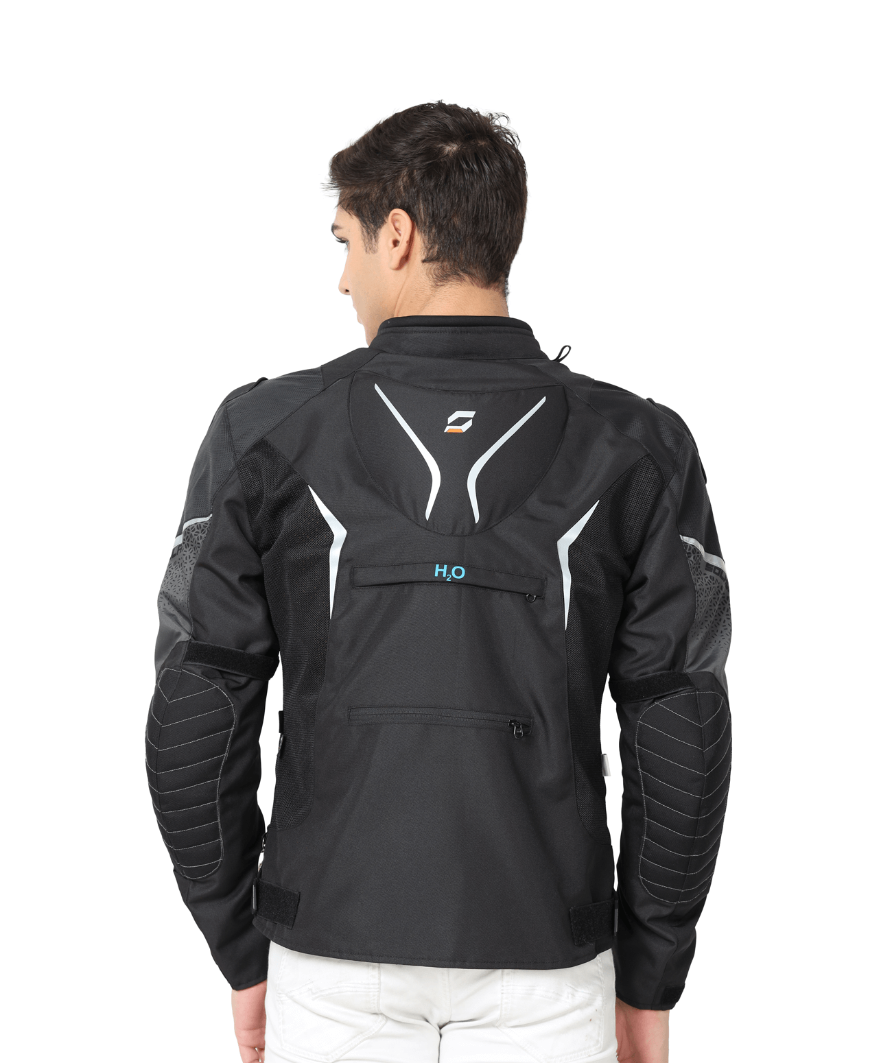 Motorcycle riding jacket armoured with H2O pocket and shoulder slider black with grey