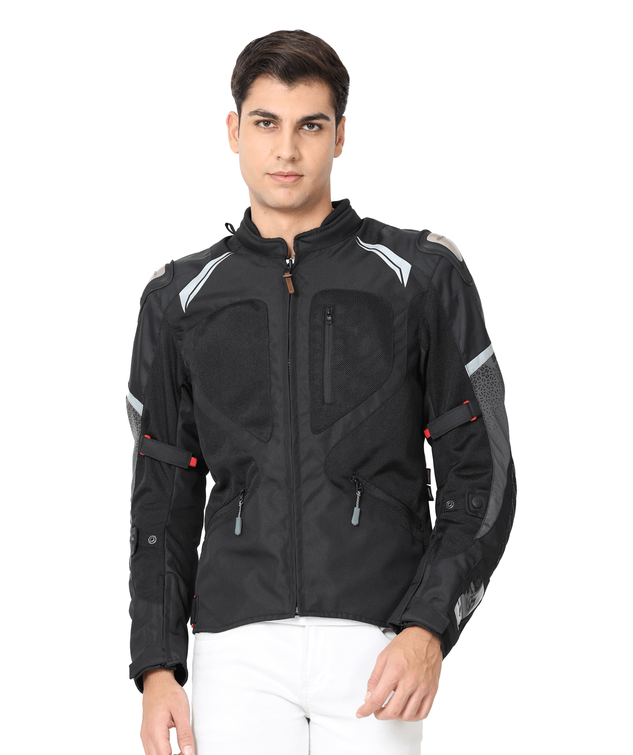 Motorcycle riding jacket armoured with H2O pocket and shoulder slider black with grey