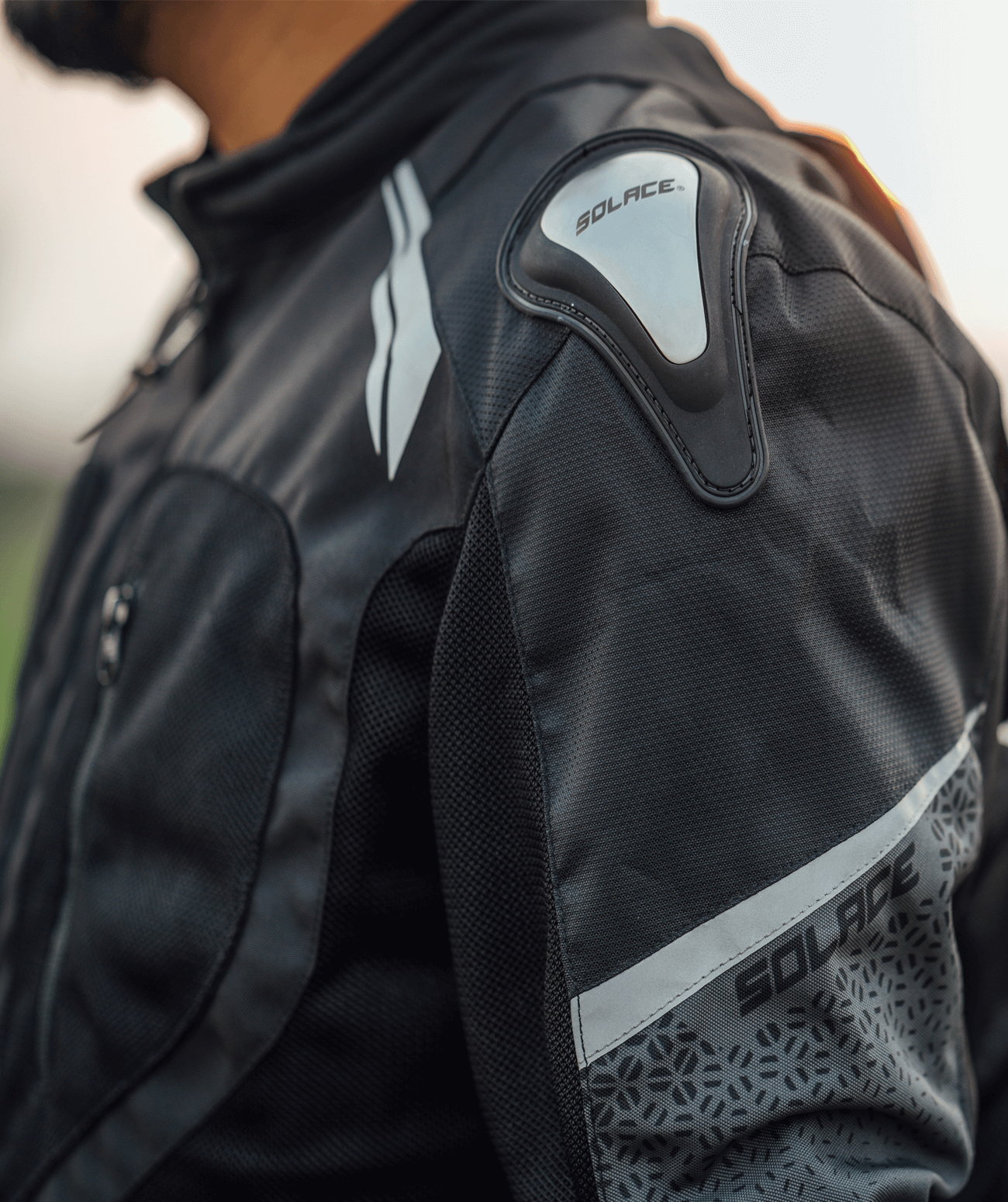 Motorcycle riding jacket armoured with H2O pocket and shoulder slider black with grey
