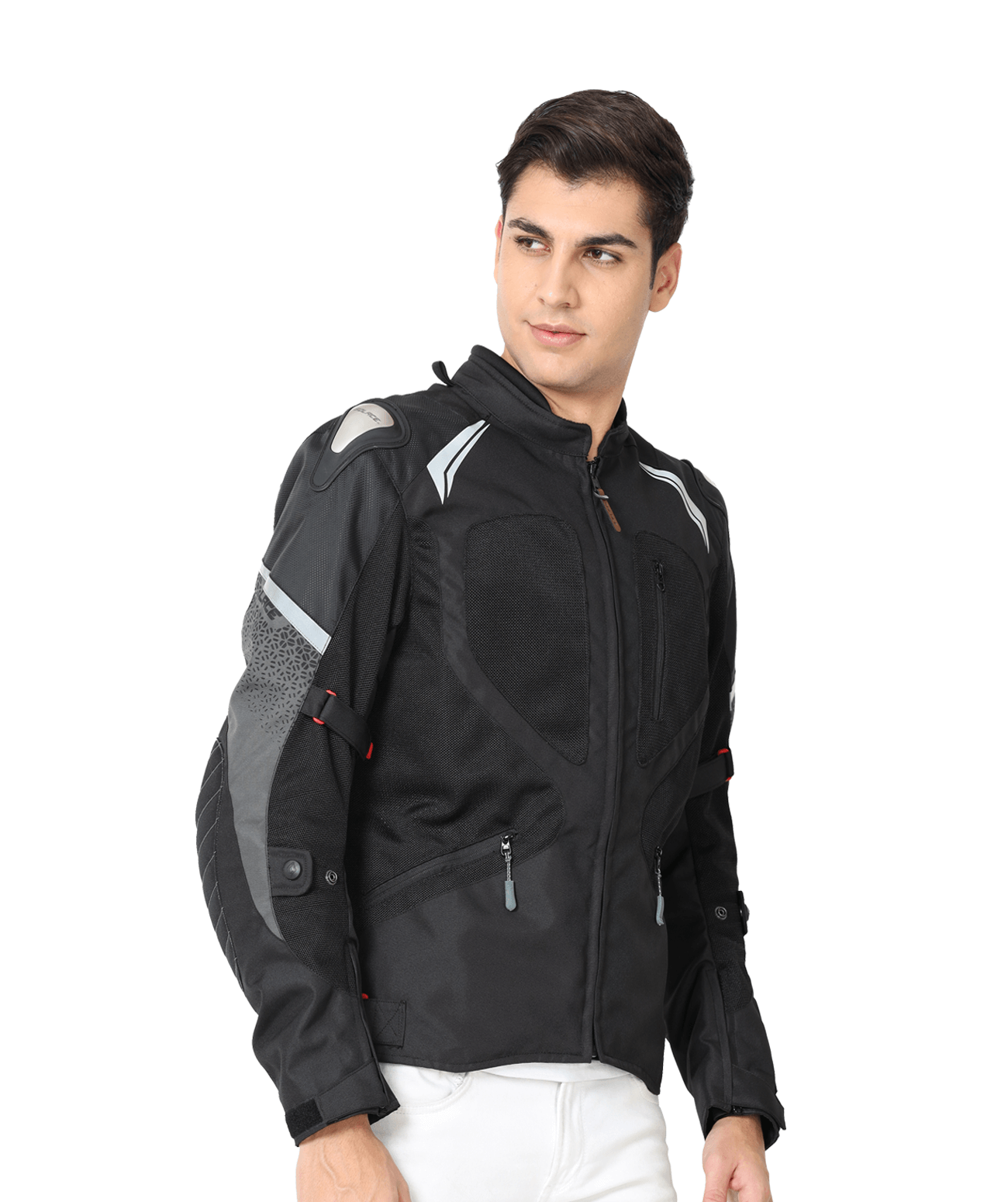 Motorcycle riding jacket armoured with H2O pocket and shoulder slider black with grey