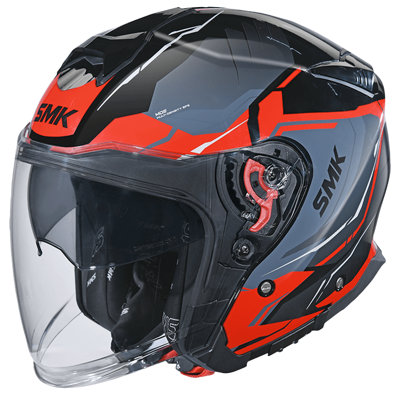 Motorcycle open face helmet gloss black grey red sun visor