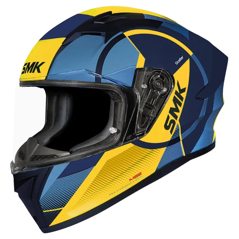 Motorcycle full face helmet light blue, dark blue and yellow pattern