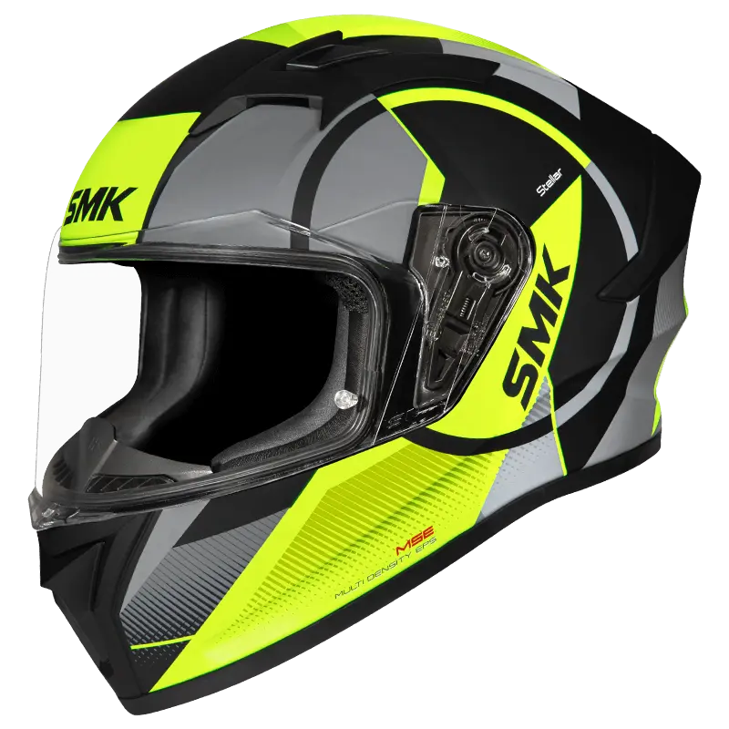 Motorcycle full face helmet black with grey and light green circular pattern