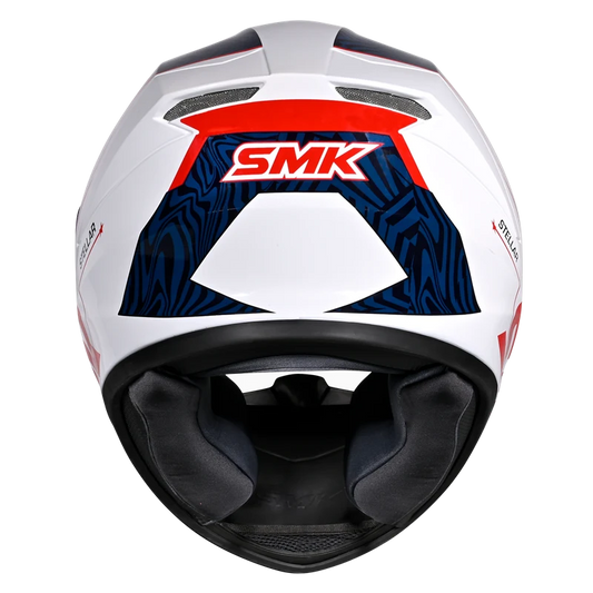Motorcycle full face helmet white with geometric pattern black with dark blue with red border
